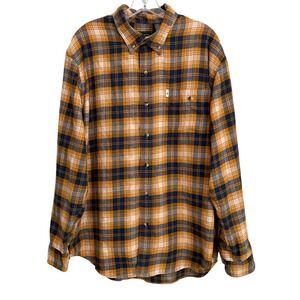 GH Bass Mens XL Flannel Shirt Mustard Yellow Blue Plaid Long Sleeve Button Up